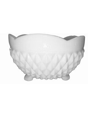 White Milk Glass Pedestal Bowl With Diamond Pattern & Scalloped Edge